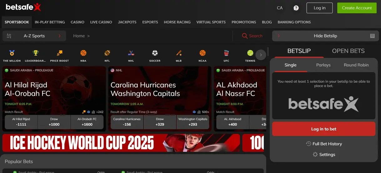 Widok strony głównej Betsafe Casino z ofertą gier