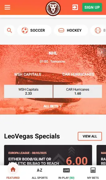Schermafbeelding van de LeoVegas mobiele app homepage