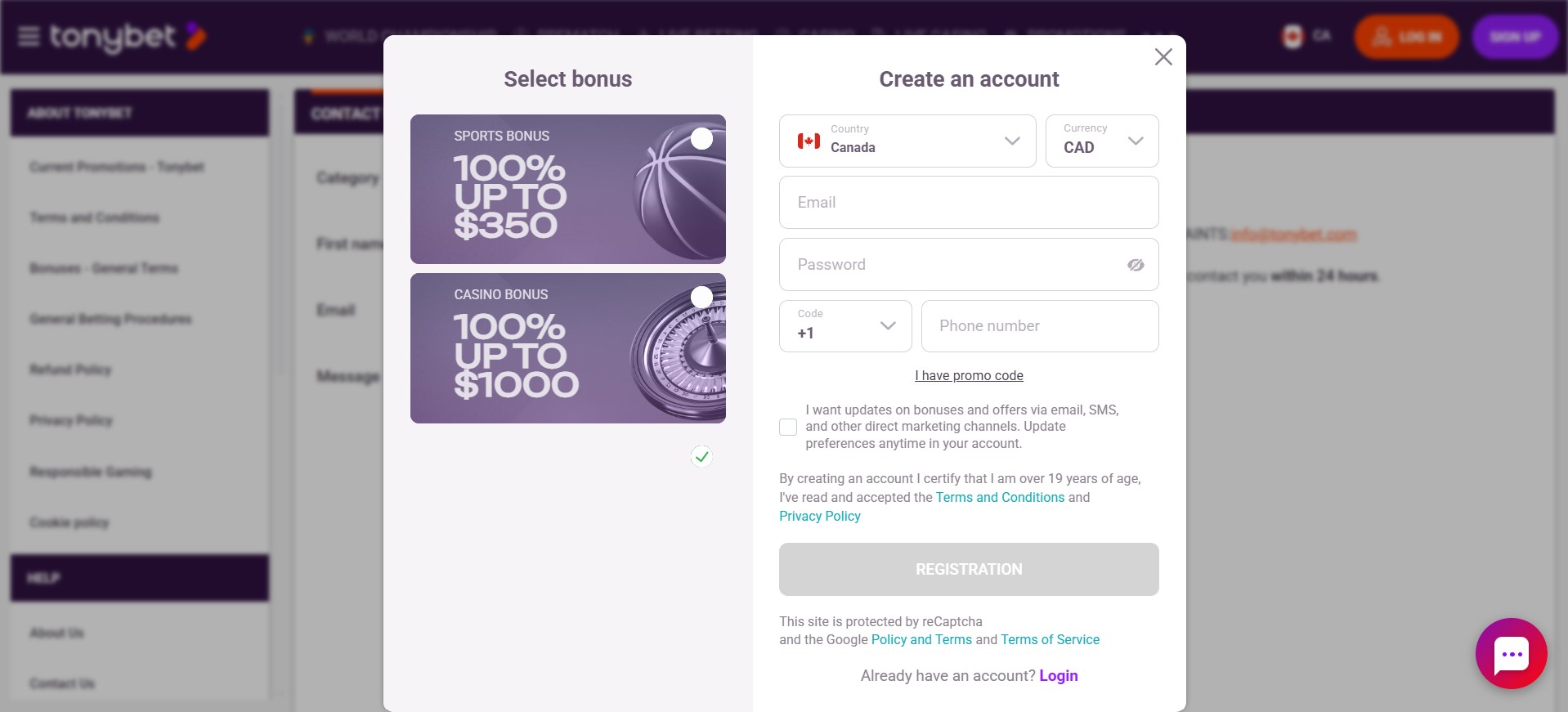 Tonybet Registration