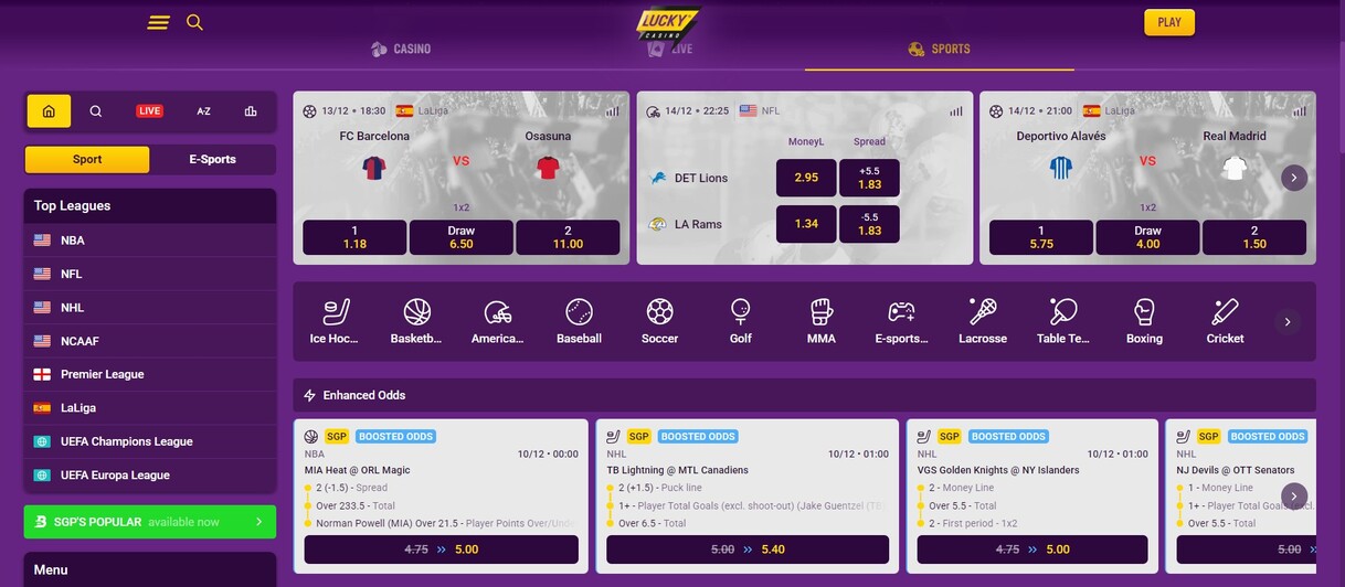 Lucky Casino Sports Canada Homepage pc