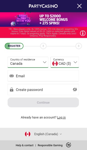PartyCasino Canada Registration mobile