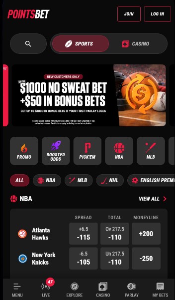 PointsBet Canada Homepage Sports
