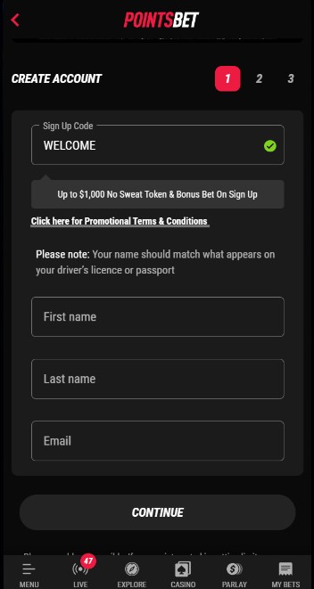 PointsBet Canada Sports Registration mobile version