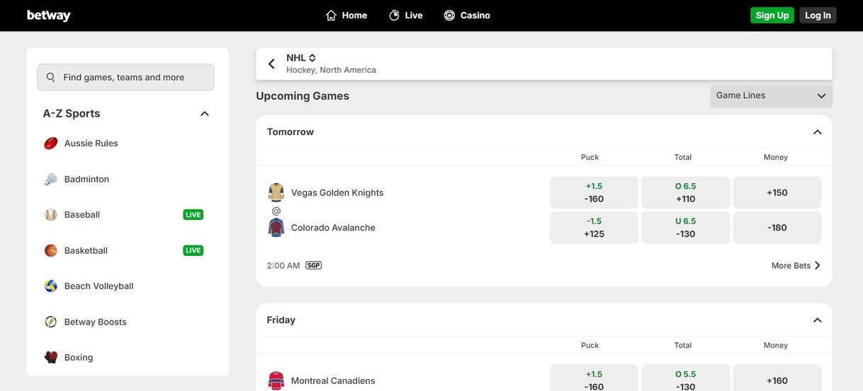 Betway Betting Hockey Canada pc