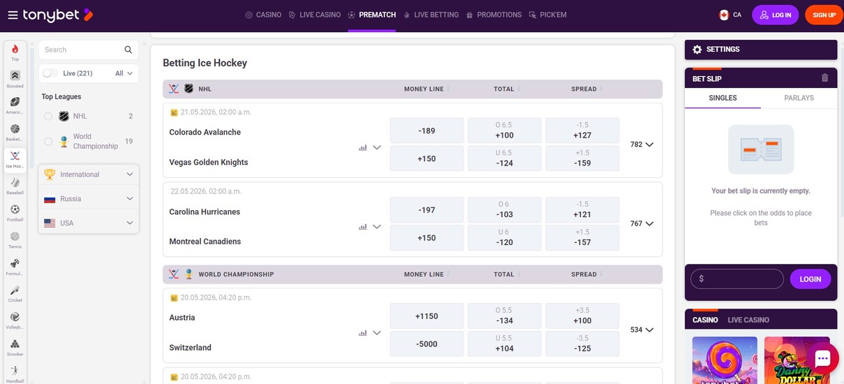 Tonybet Betting Hockey Canada pc
