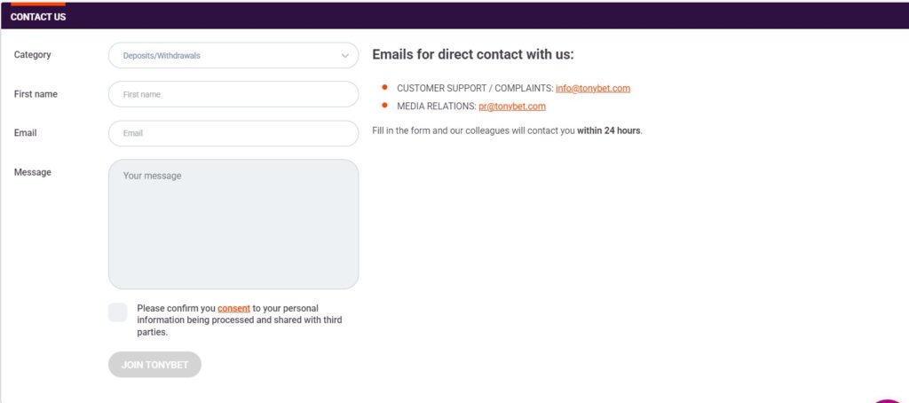 Contact Ontario Tonybet