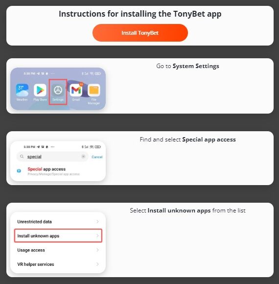 Install Tonybet app first steps